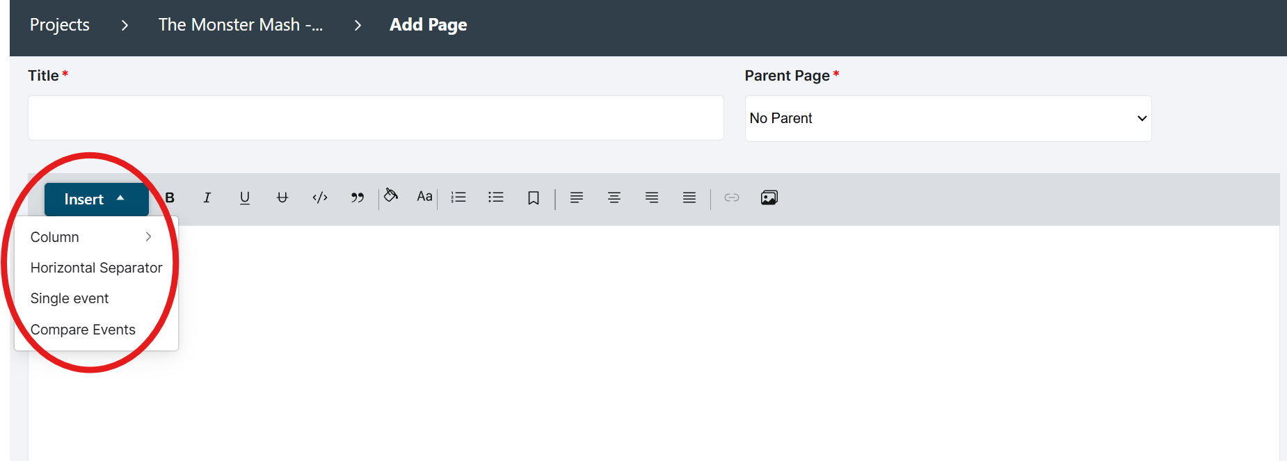 Image 4: Insert page layout options including columns, horizontal separators, and single or comparison events (full or clips)